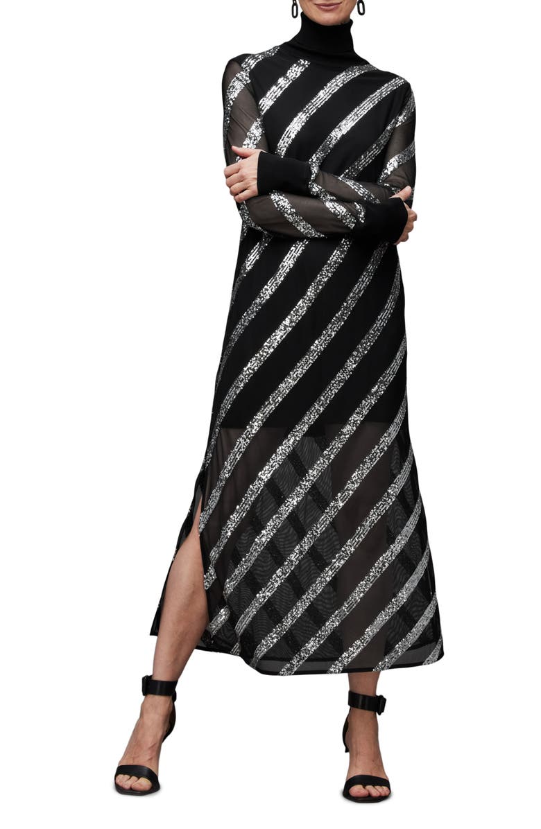 AllSaints Juela Sequin Stripe Long Sleeve Turtleneck Midi Dress | Nordstrom