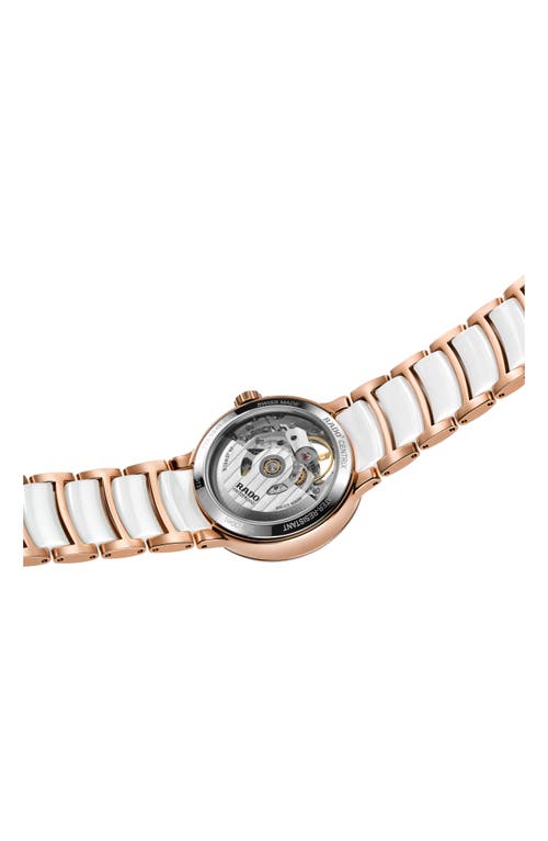 Shop Rado Centrix Open Heart Automatic Diamond Ceramic Bracelet Watch, 33mm In White/mop/rose Gold