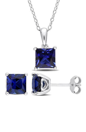 Delmar Lab-grown Sapphire Stud Earrings & Pendant Necklace Set In Blue