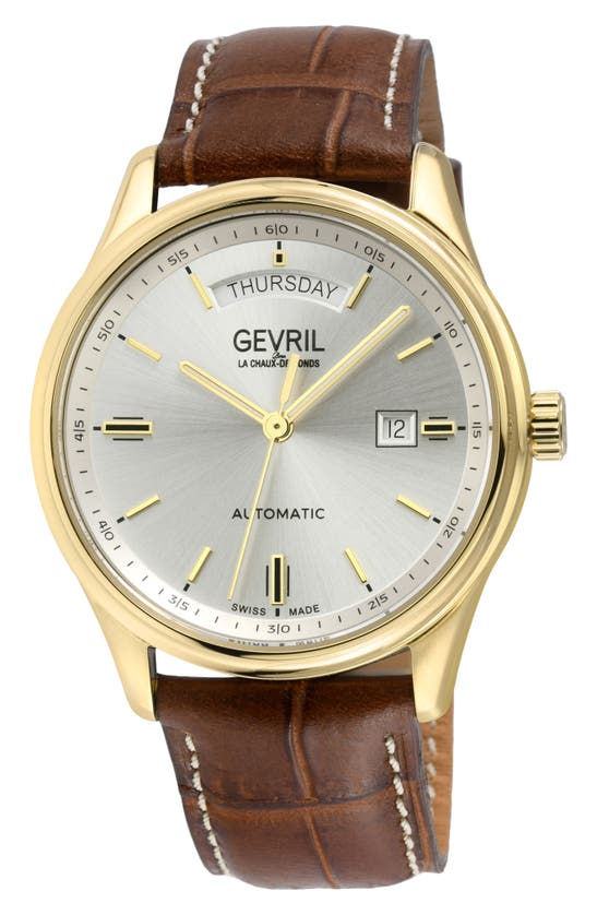 Gevril Excelsior Swiss Automatic Croc Embossed Leather Strap Watch, 42mm In Brown