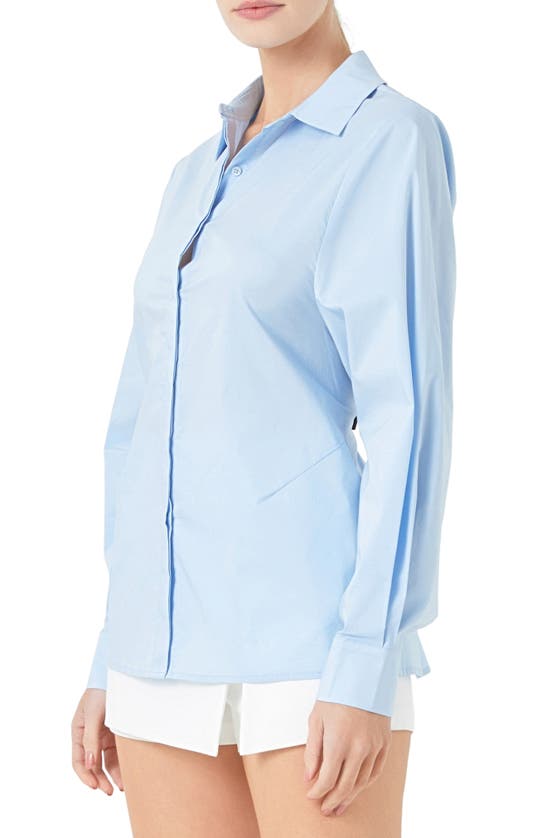 Shop Endless Rose Elastic Back Detail Cotton Blend Button-up Shirt In Powder Blue