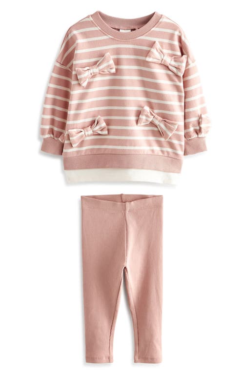 Shop Next Kids' Stripe Bow Accent Cotton Sweatshirt & Leggings Set In Pink