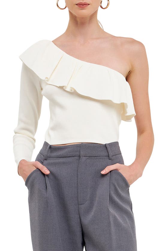 Shop Endless Rose One-shoulder Ruffle Rib Knit Top In White