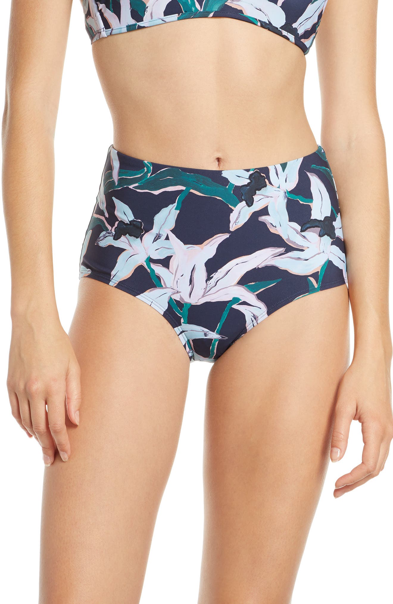 Tory Burch Floral High Waist Bikini Bottoms, Blue