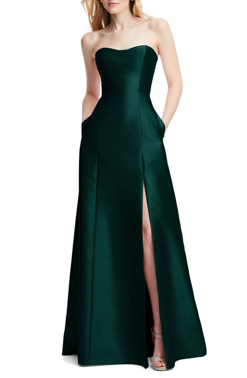 Strapless Satin A-Line Gown in Evergreen