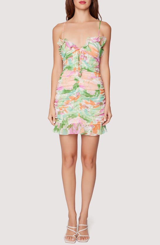 Lost + Wander Painterly Love Ruched Ruffle Mini Sundress In Green Multi Colour