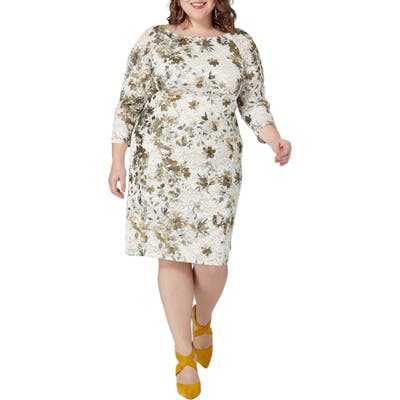 Plus Size Maree Pour Toi Floral Foil Print Lace Sheath Dress, White