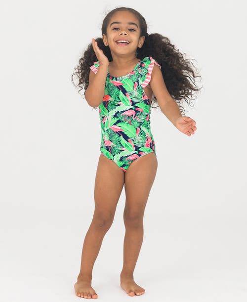 Shop Rufflebutts Girls V-back Upf50+ One Piece In Flamingo Frenzy