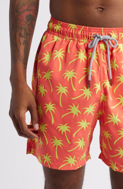 Shop Tom & Teddy Palm Tree Print Performance Swim Trunks In Coral & Lime