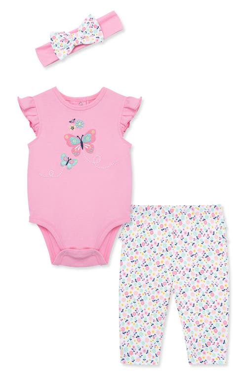 Little Me Butterfly Cotton Bodysuit, Leggings & Headband Set in Pink at Nordstrom, Size 9M