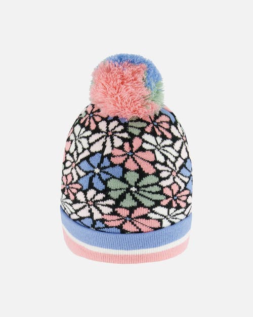 Deux Par Deux Girl's Knit Hat Blue, Pink And White Retro Flowers In Flowers Jacquard