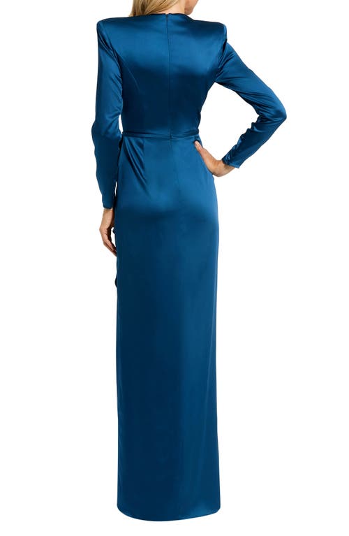 Shop Mac Duggal Satin Bow Long Sleeve Column Gown In Ocean Blue