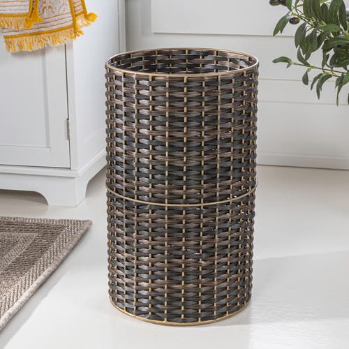 Happimess Cecil Modern Faux Wicker Cylinder Waste Basket In Dark Bronze/gold