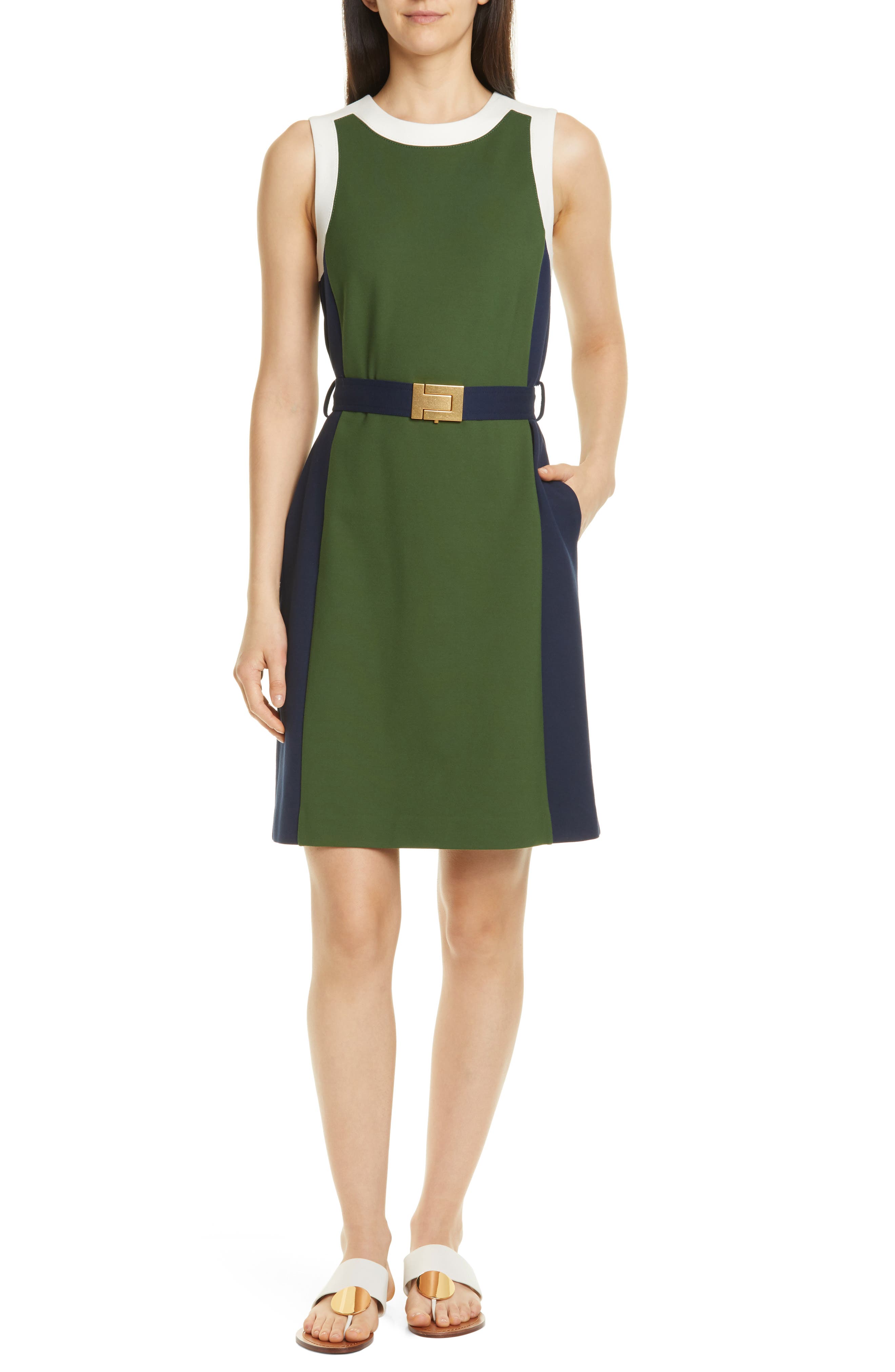 Tory Burch Belted Colorblock Ponte Dress, Green