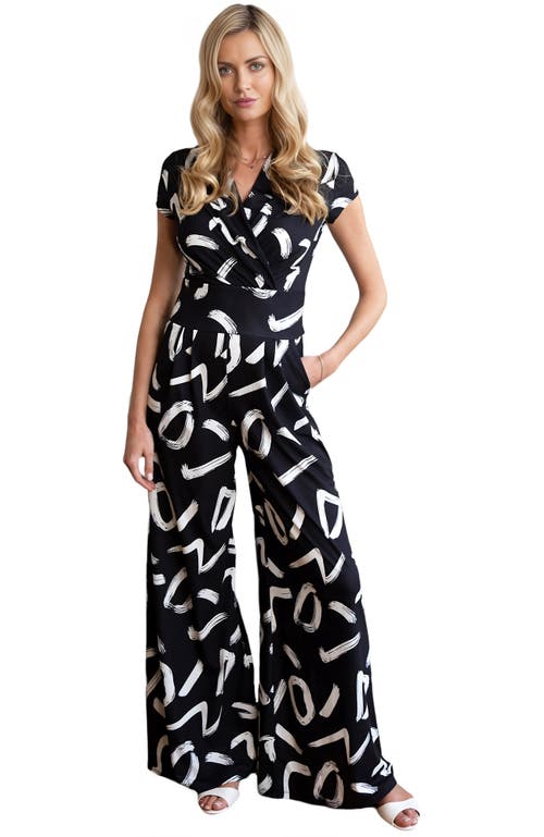 Shop Hotsquash London Clothing Black & White V-neck Wide Leg Jumpsuit In Black With White Brushstrokes