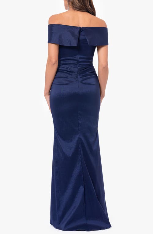 Shop Xscape Evenings Off The Shoulder Taffeta Gown In Navy