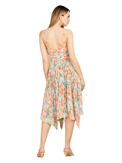 Lara New York V-neck Printed Midi Length Dress With Pleats In Mint