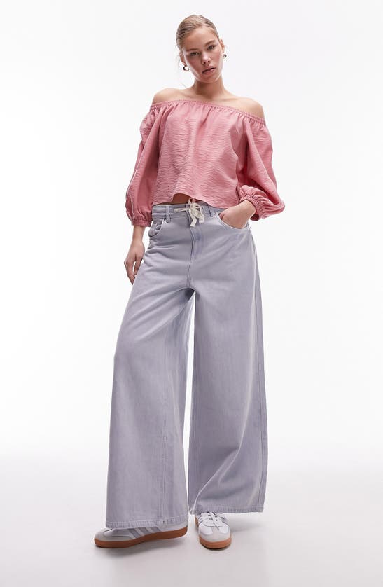 Shop Topshop Off The Shoulder Balloon Sleeve Top In Pink