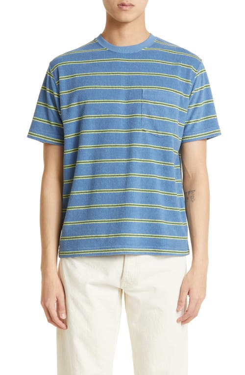 BEAMS Stripe Terry Cloth Pocket T-Shirt in Blue