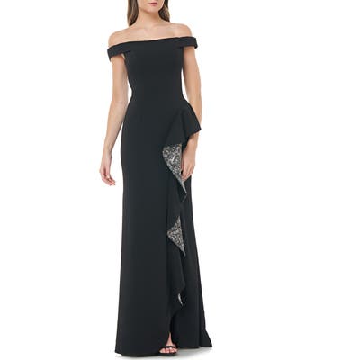 Carmen Marc Valvo Infusion Off The Shoulder Crepe Gown, Black