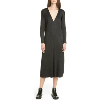 Pleats Please Issey Miyake Pleated Long Sleeve Midi Dress, (fits like 4-6 US) - Black
