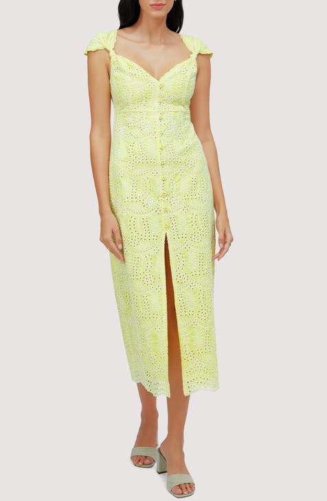 Lemon Drop Cotton Blend Eyelet Midi Dress