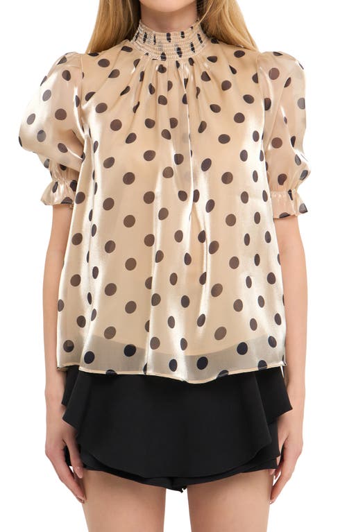 English Factory Polka Dot Puff Sleeve Satin Top In Beige/black