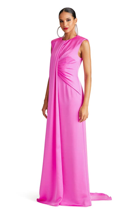 Halston Tara Pleat Drape Satin Gown In Taffy