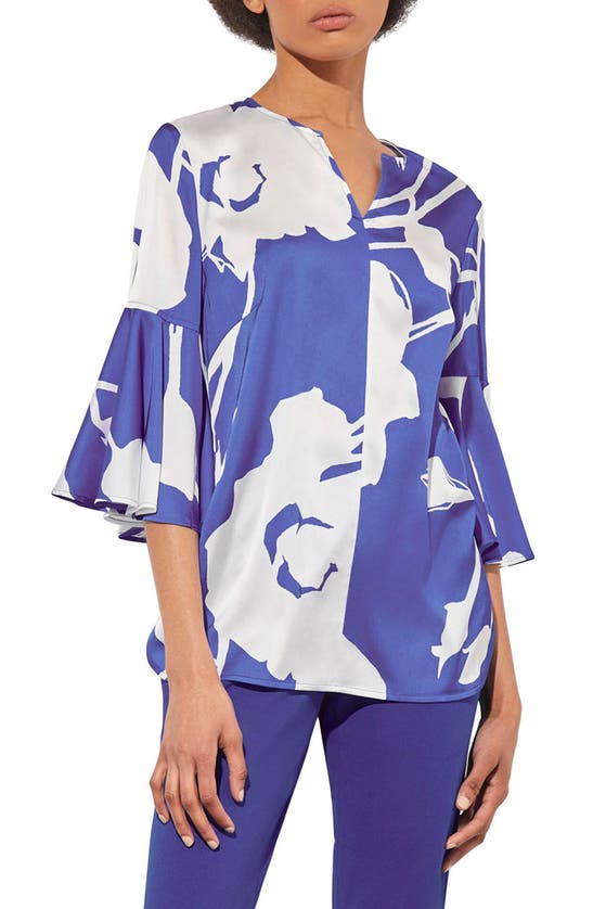 Shop Ming Wang Floral Print Bell Sleeve Top In Sapphire Sea/white
