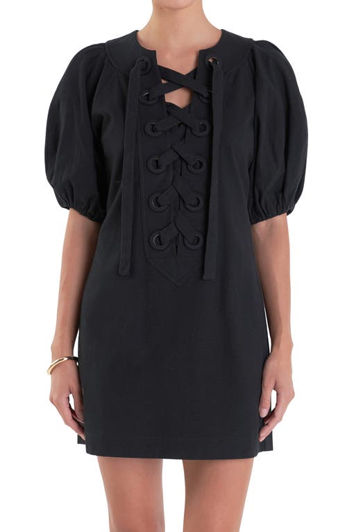ENGLISH FACTORY ENGLISH FACTORY LACE-UP FRONT PUFF SLEEVE MINIDRESS
