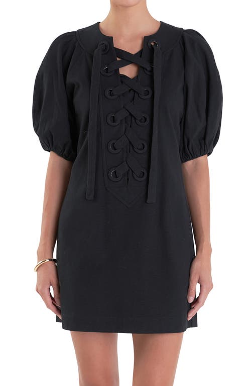 ENGLISH FACTORY ENGLISH FACTORY LACE-UP FRONT PUFF SLEEVE MINIDRESS 