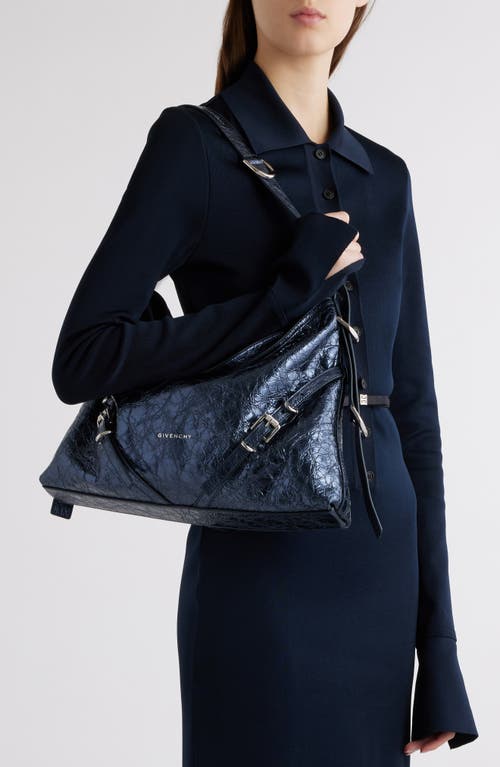 Shop Givenchy Medium Voyou Metallic Leather Hobo In Navy