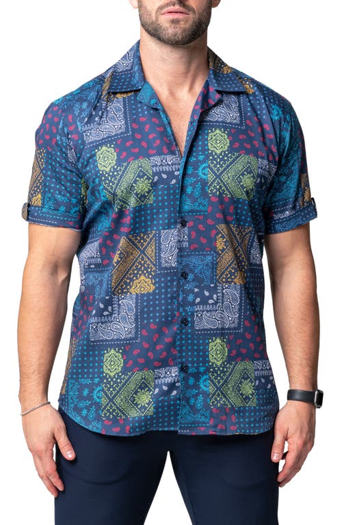 Maceoo Galileo Scarf Regular Fit Short Sleeve Button-Up Camp Shirt Blue at Nordstrom,