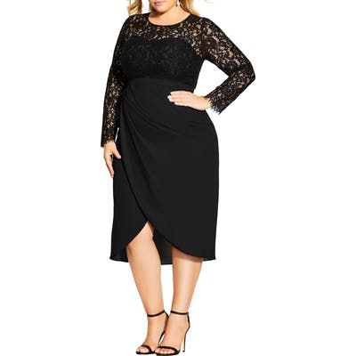 Plus Size City Chic Elegant Long Sleeve Lace Sheath Dress, Black