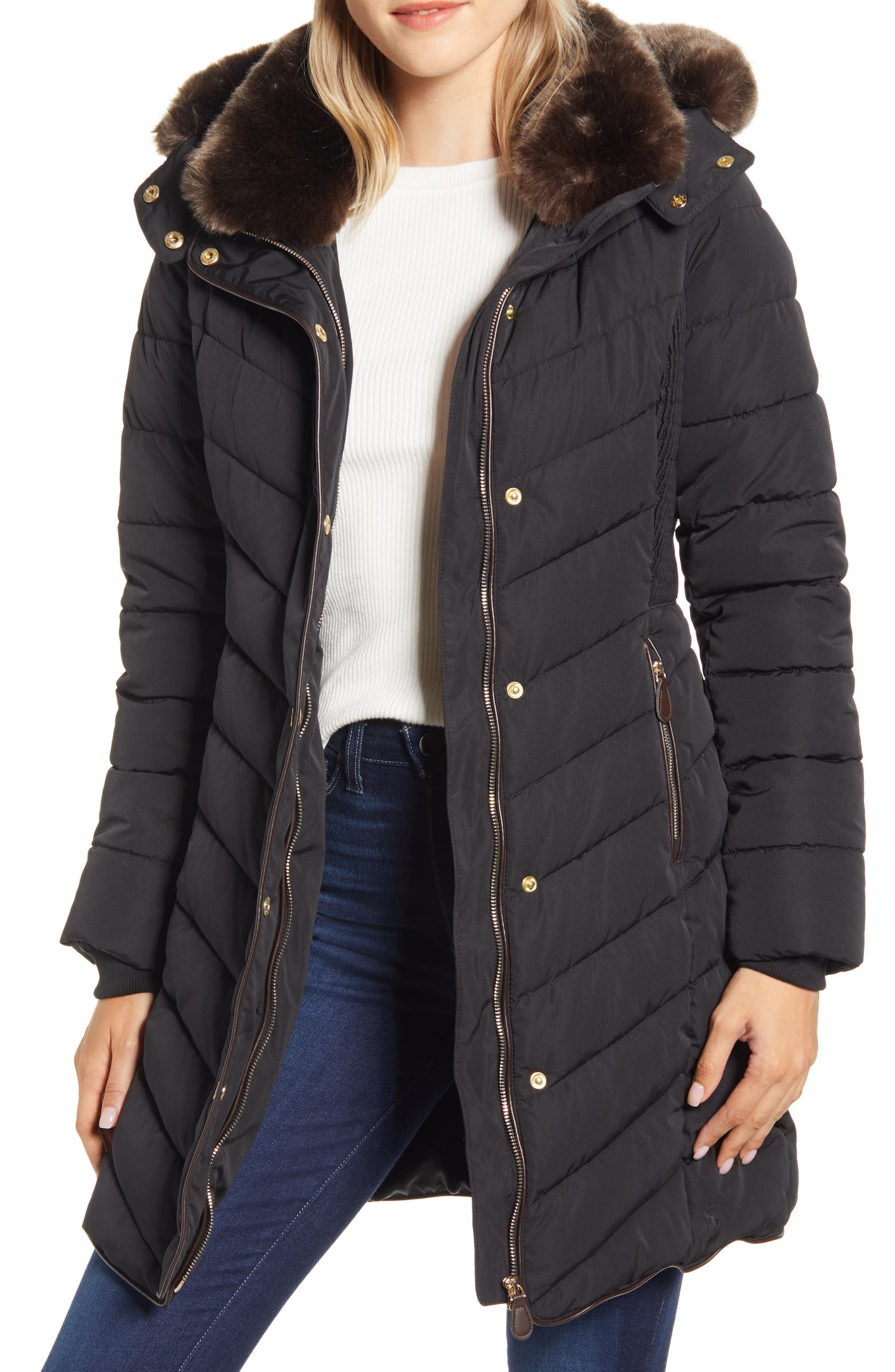 Joules Cherington Chevron Quilted Hooded Jacket with Faux Fur Trim ...