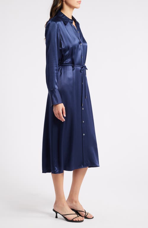 Shop Rails Anina Tie Waist Long Sleeve Satin Shirtdress In Navy