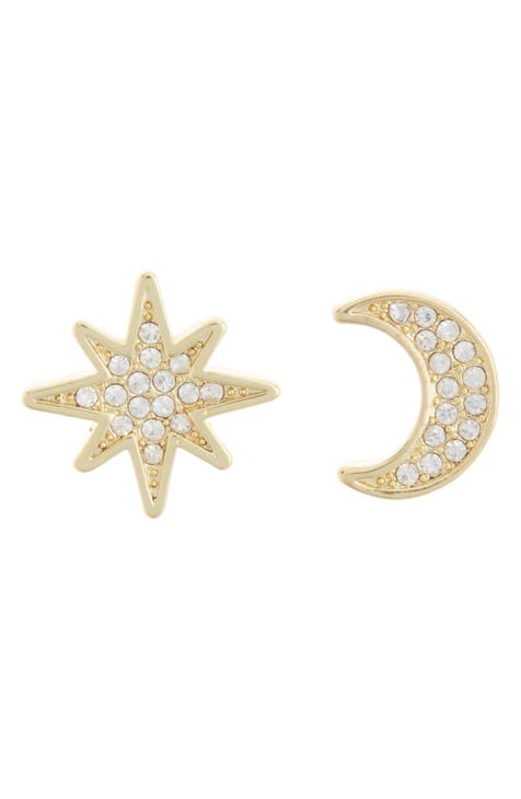 Moon and Star CZ Pavé Stud Earrings