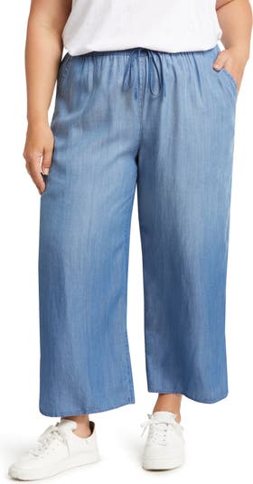 High-Waisted Chambray Cropped Linen-Blend Tapered Pants