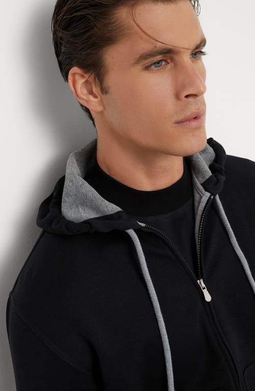 Shop Brunello Cucinelli Cotton, Cashmere And Silk French Terry Double Cloth Hooded Sweatshirt With Zipper In Black