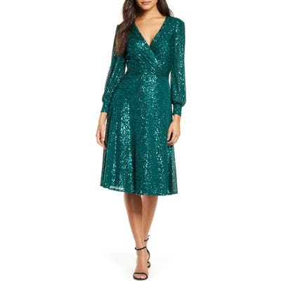 Tahari Sequin Long Sleeve Knit Dress, Green