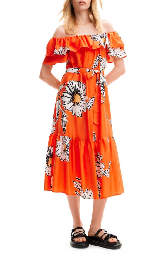 Shop Desigual Daisy Ruffle Midi Dress In Orange