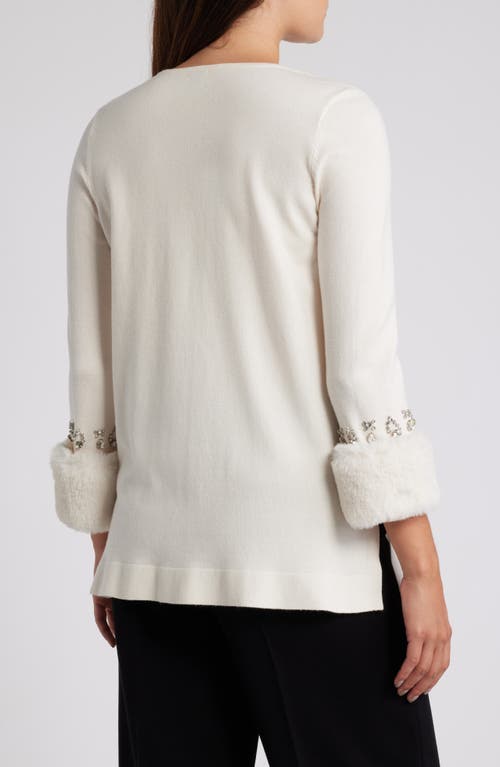 Shop Anne Klein Crystal & Faux Fur Trim Tunic Sweater In Anne White