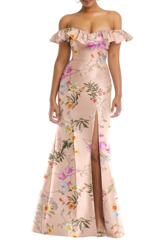 Alfred Sung Off The Shoulder Ruffle Floral Satin Gown In Butterfly Botanica