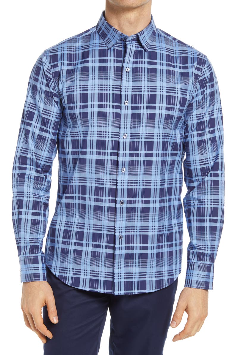 Bugatchi Shaped Fit Plaid Stretch Cotton Button-Up Shirt, Main, color, 