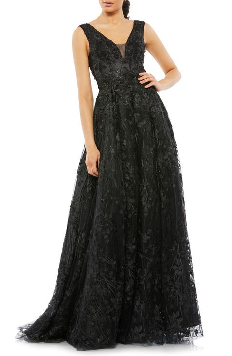 Illusion Embroidered Sequin Sleeveless Gown