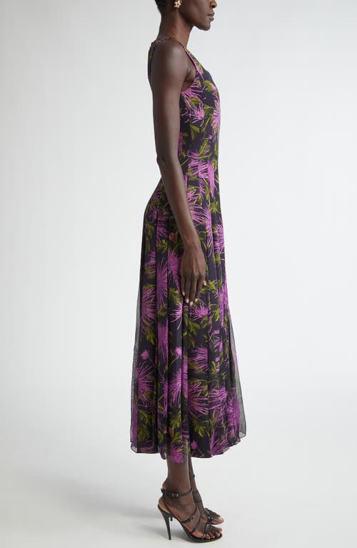 Shop Oscar De La Renta Chrysanthemum Print Paneled Midi Dress In Purple/navy