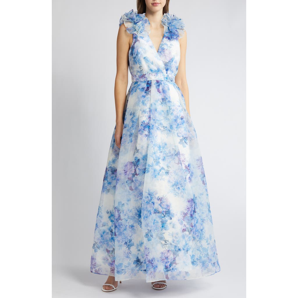 Julia Jordan Ruffle Floral Gown In Ivory/blue