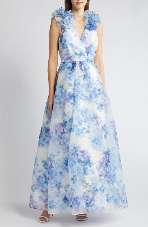 Julia Jordan Ruffle Floral Gown Ivory/Blue at Nordstrom,