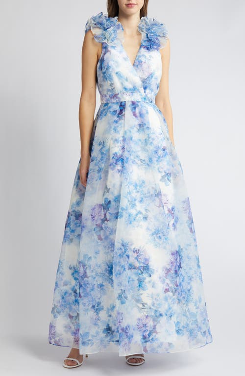 Shop Julia Jordan Ruffle Floral Gown In Ivory/blue