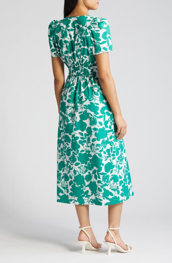 Shop Anne Klein Floral Smocked Midi Dress In Green Sprig/ Porcelai